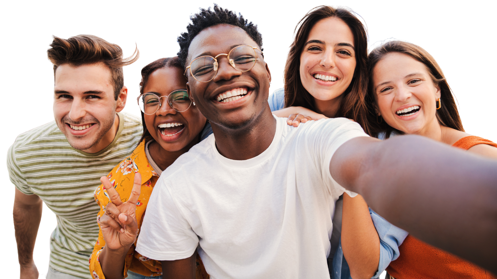 Image of five young people of varying appearances smiling together.