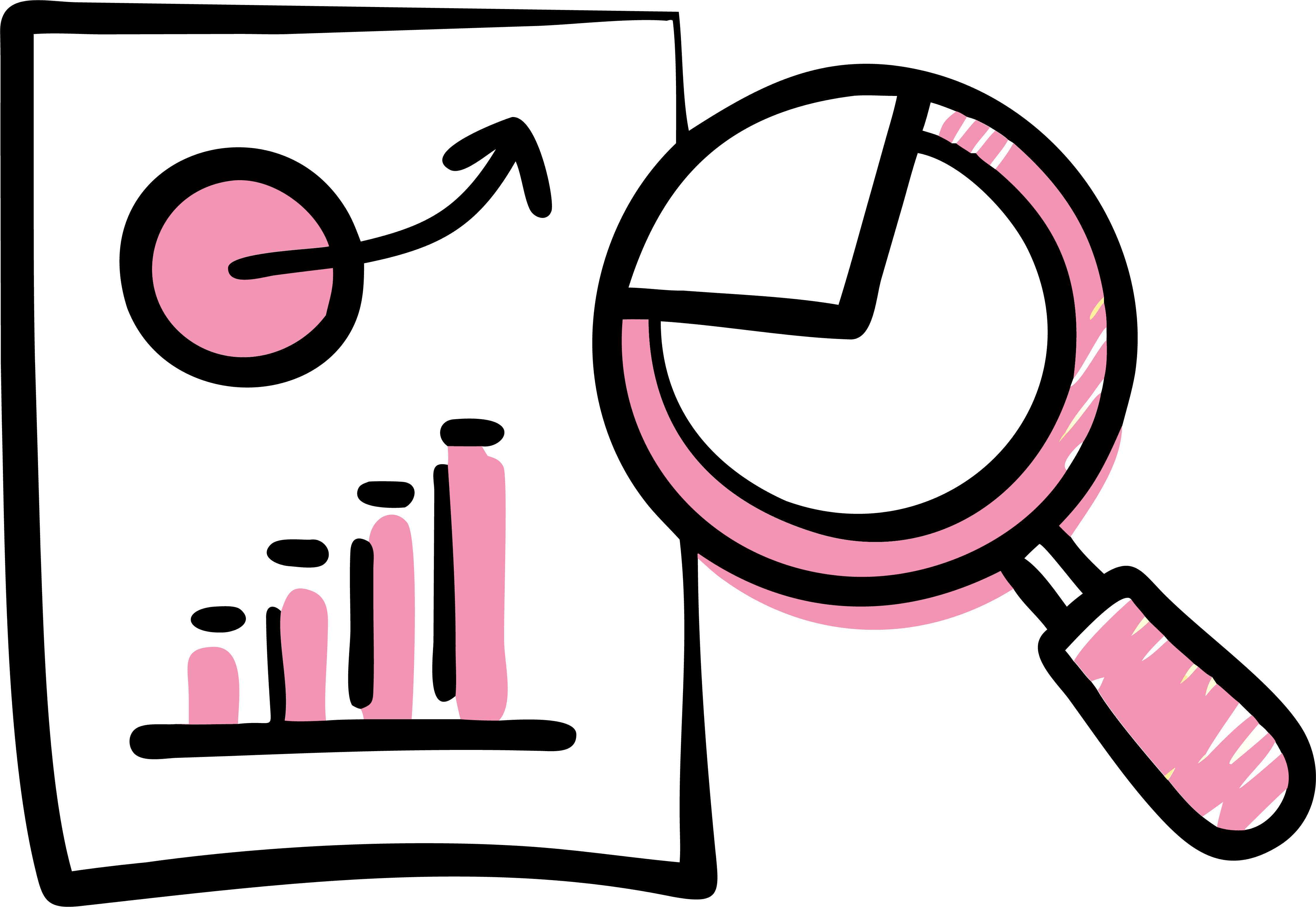 Pink icon of a magnifying glass and research data